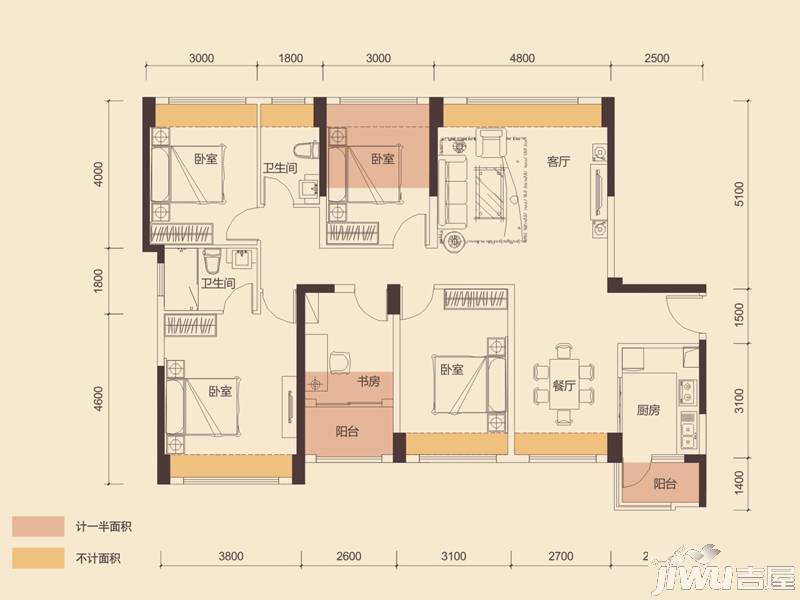 福盈·中央山5室2厅2卫141㎡户型图