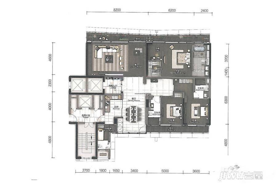 汉京九榕台3室2厅4卫180㎡户型图