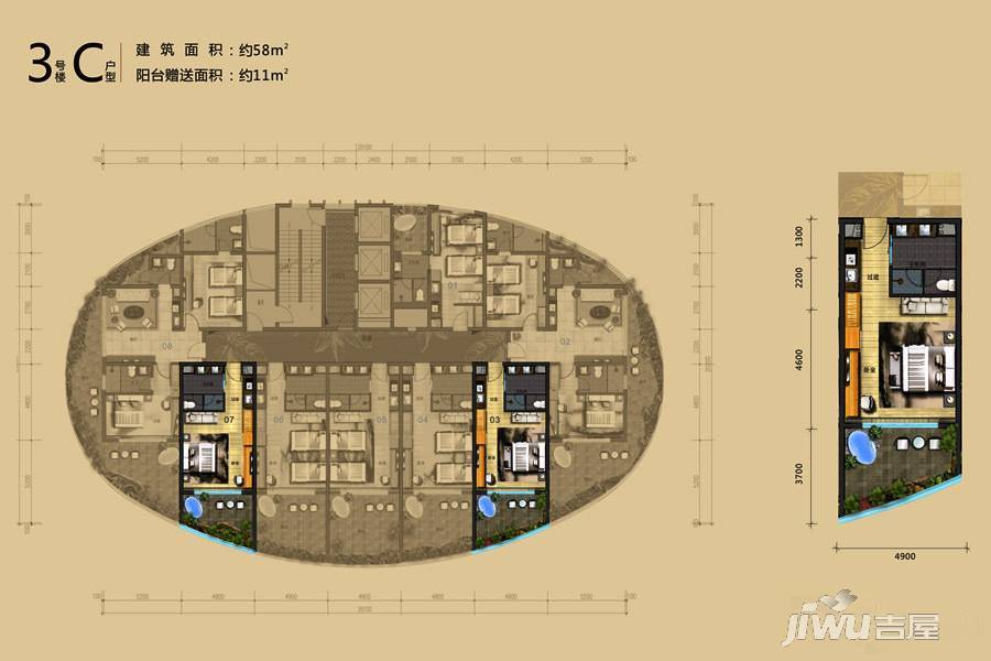 双月湾温德姆至尊豪廷度假酒店1室0厅1卫58㎡户型图