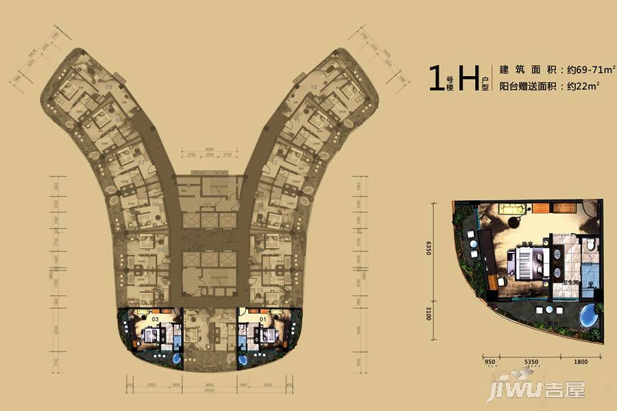 双月湾温德姆至尊豪廷度假酒店1室0厅1卫71㎡户型图