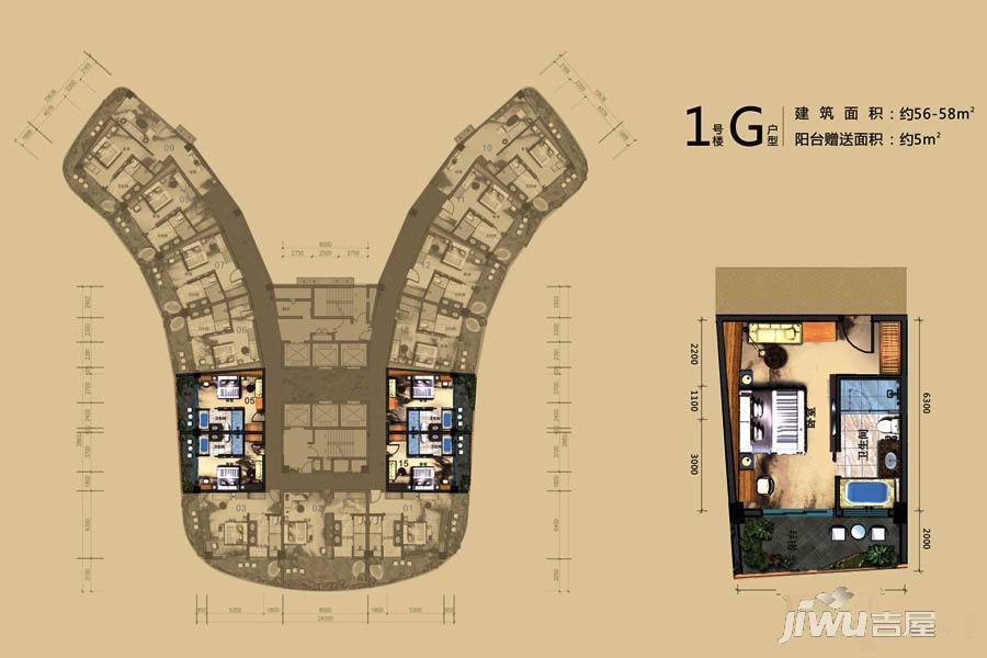 双月湾温德姆至尊豪廷度假酒店1室0厅1卫58㎡户型图