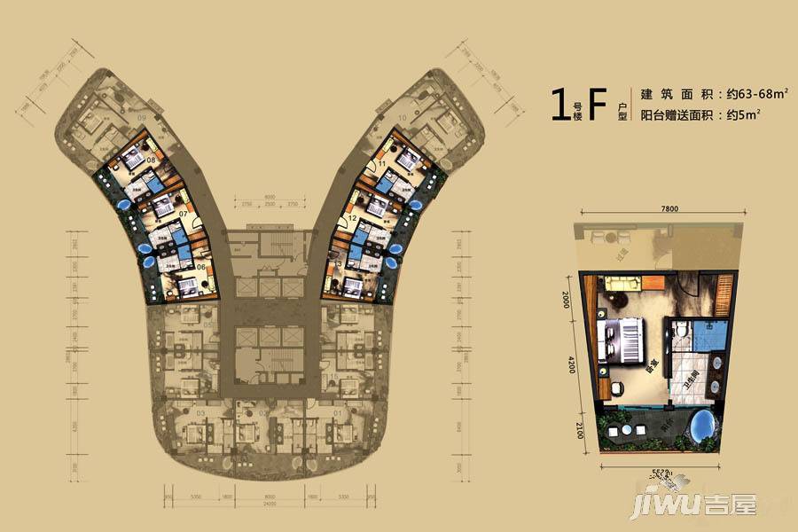 双月湾温德姆至尊豪廷度假酒店1室0厅1卫68㎡户型图