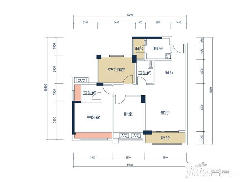 金地·仟百汇3室2厅2卫98㎡户型图