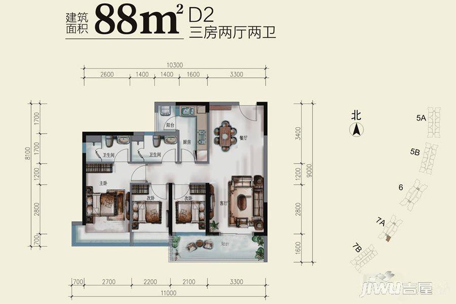 深业东岭3室2厅2卫88㎡户型图