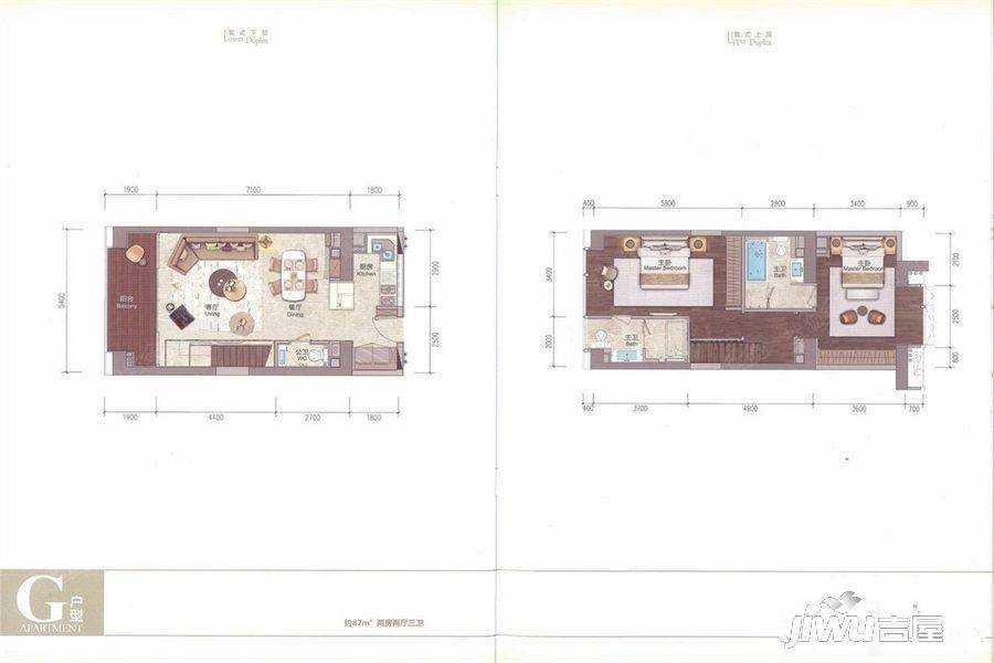 城脉深圳湾公馆2室2厅3卫87㎡户型图