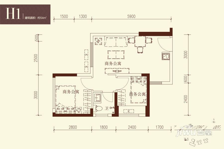 佳华领域广场2室1厅1卫54㎡户型图