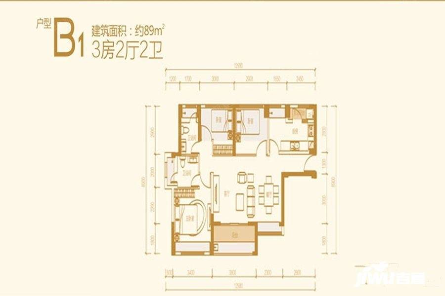 承翰陶柏莉3室2厅2卫89㎡户型图