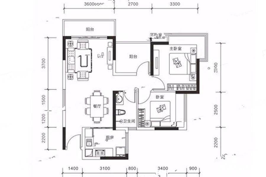 香莎公馆2室2厅1卫83㎡户型图