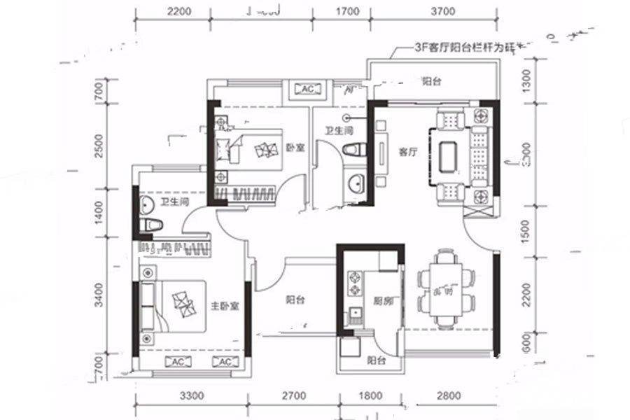 香莎公馆2室2厅2卫89㎡户型图