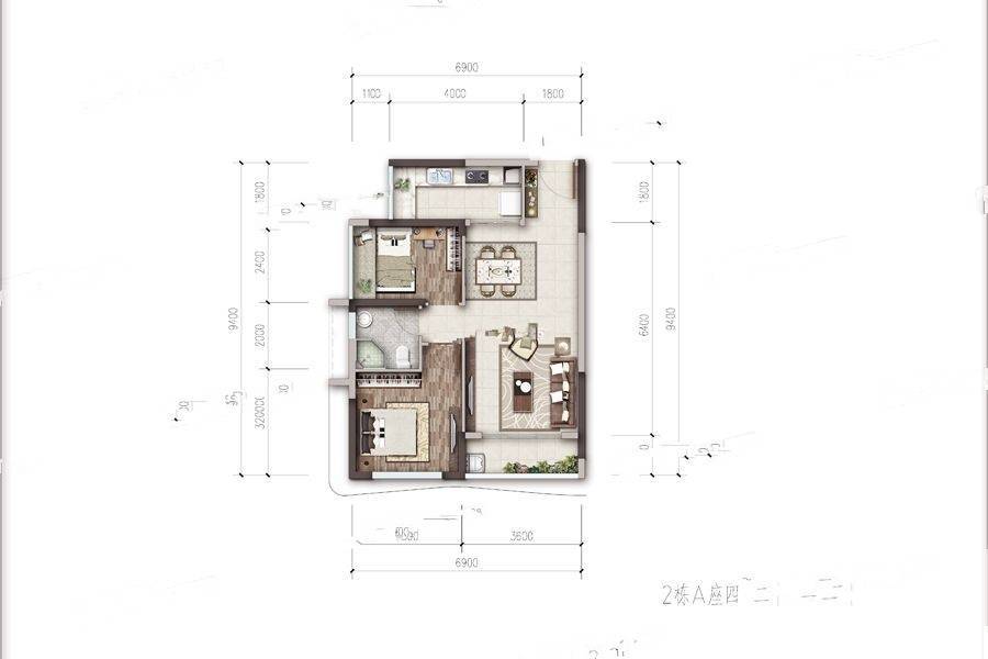 招商东岸2室2厅1卫80㎡户型图