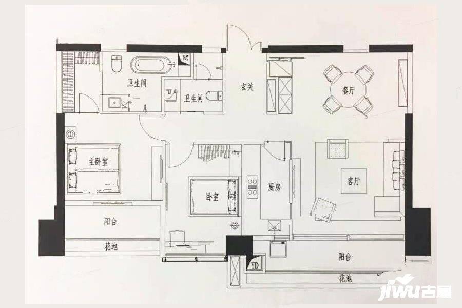 新天鹅堡2室2厅2卫135㎡户型图