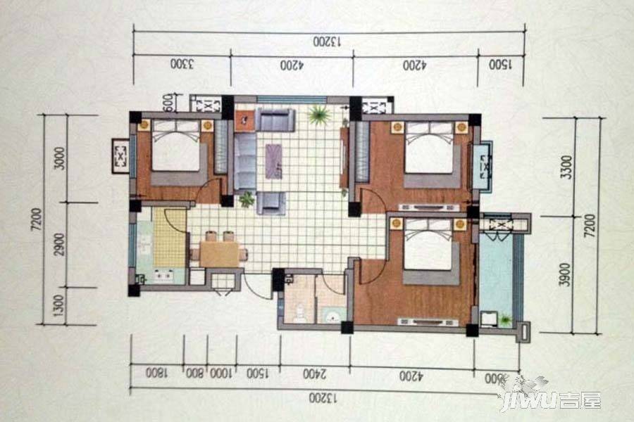 东华都市阳光3室2厅1卫97.1㎡户型图