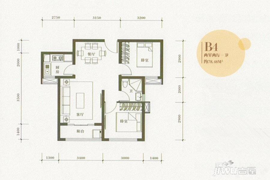 金玉山阳光金泰2室2厅1卫78.5㎡户型图