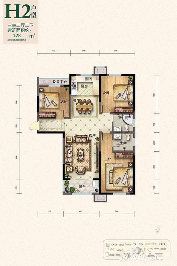翰林庄园3室2厅2卫128㎡户型图