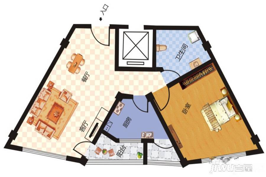 总部花园1室2厅1卫74.6㎡户型图