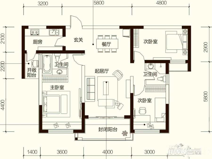 中国铁建领秀城3室2厅2卫122㎡户型图