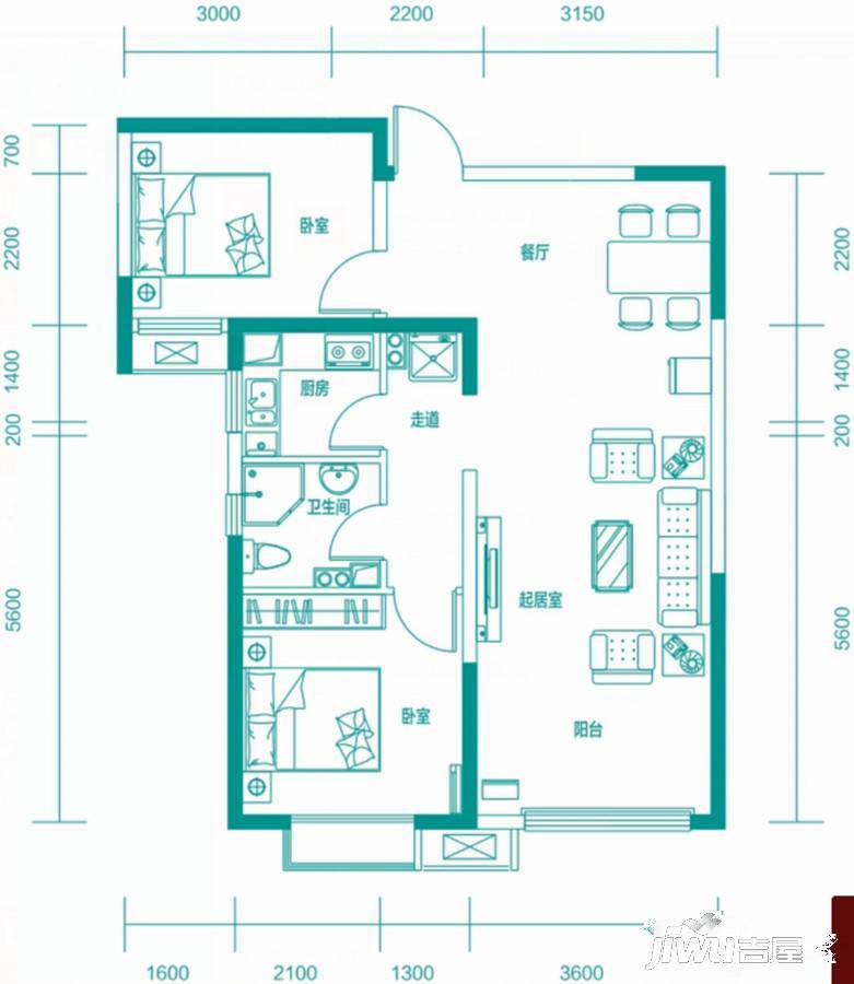 中国铁建领秀城2室2厅1卫87㎡户型图