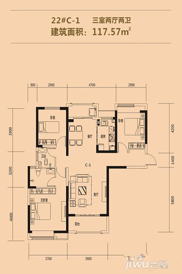 泰岩锦江城3室2厅2卫117.6㎡户型图