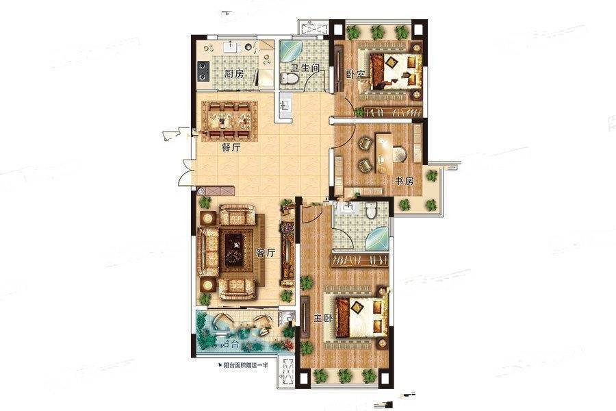 信合湖东春天3室2厅2卫129.8㎡户型图