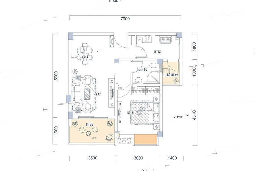 金牛国际社区1室2厅1卫65㎡户型图