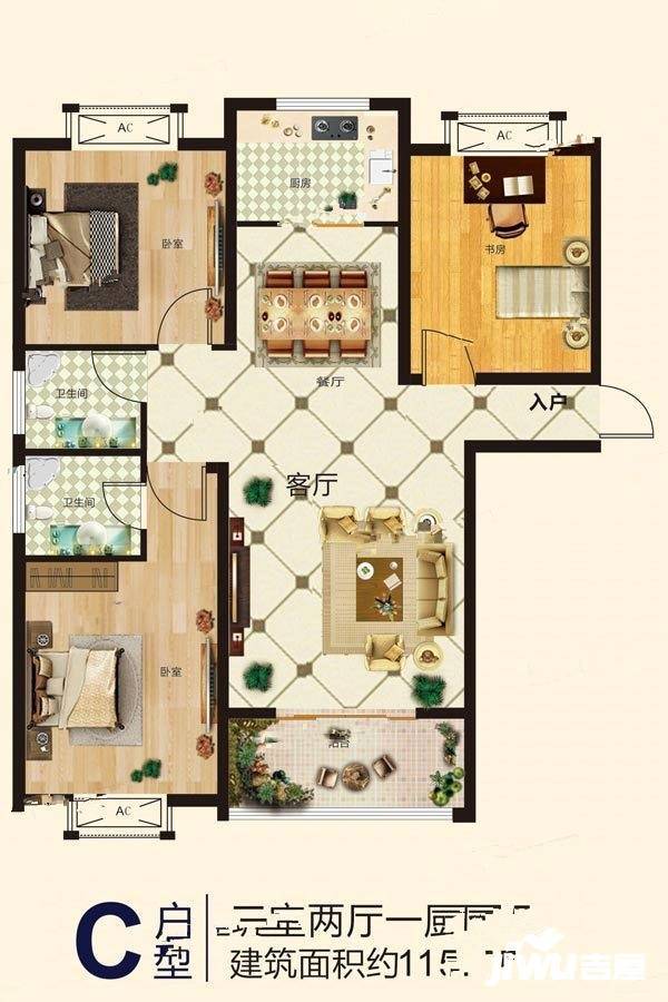 龙跃河山3室2厅2卫115.1㎡户型图