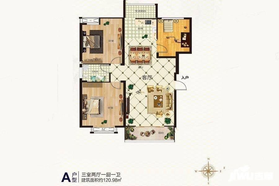 龙跃河山3室2厅1卫121㎡户型图