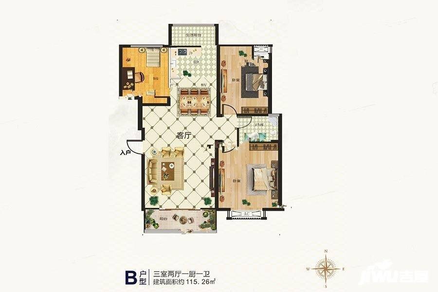 龙跃河山3室2厅1卫115.3㎡户型图