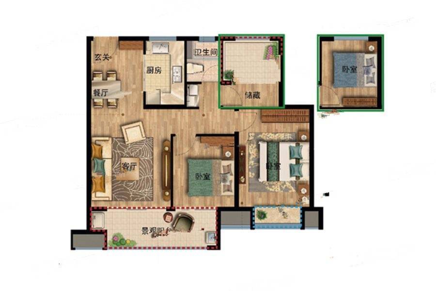 太湖新城天玺3室2厅1卫90㎡户型图