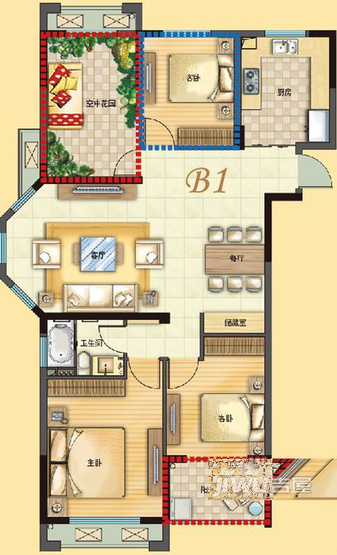 华邦 · 锦绣华府3室1厅1卫116㎡户型图