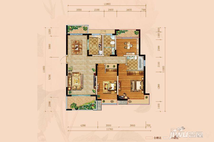 远大玫瑰园3室2厅2卫128㎡户型图