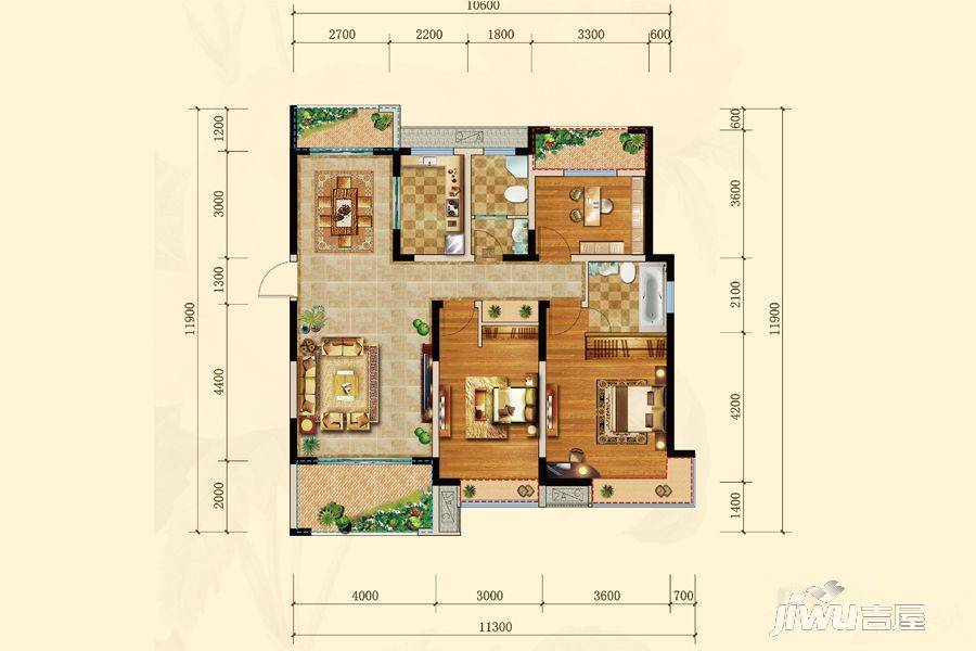 远大玫瑰园3室2厅1卫124㎡户型图