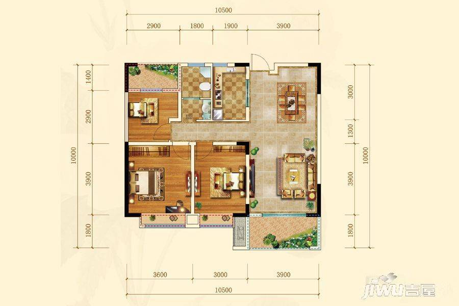 远大玫瑰园3室2厅1卫107㎡户型图