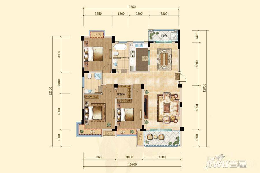 远大玫瑰园3室2厅2卫126㎡户型图