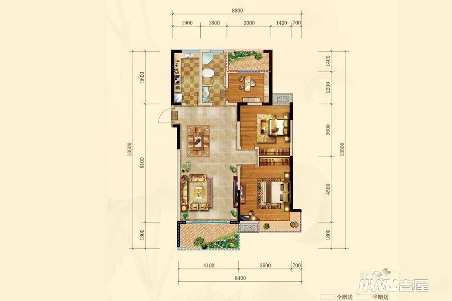 远大玫瑰园3室2厅1卫114㎡户型图