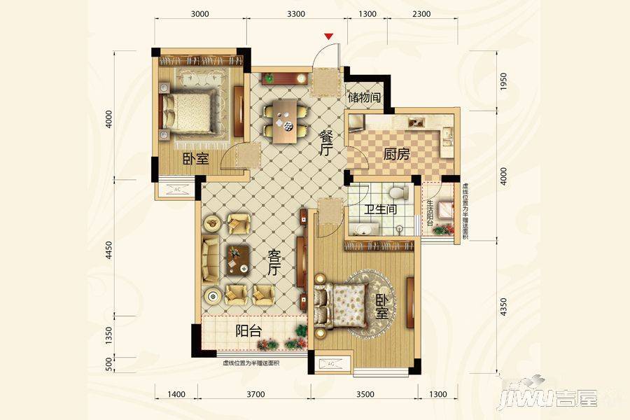 百建世纪城2室2厅1卫89.2㎡户型图