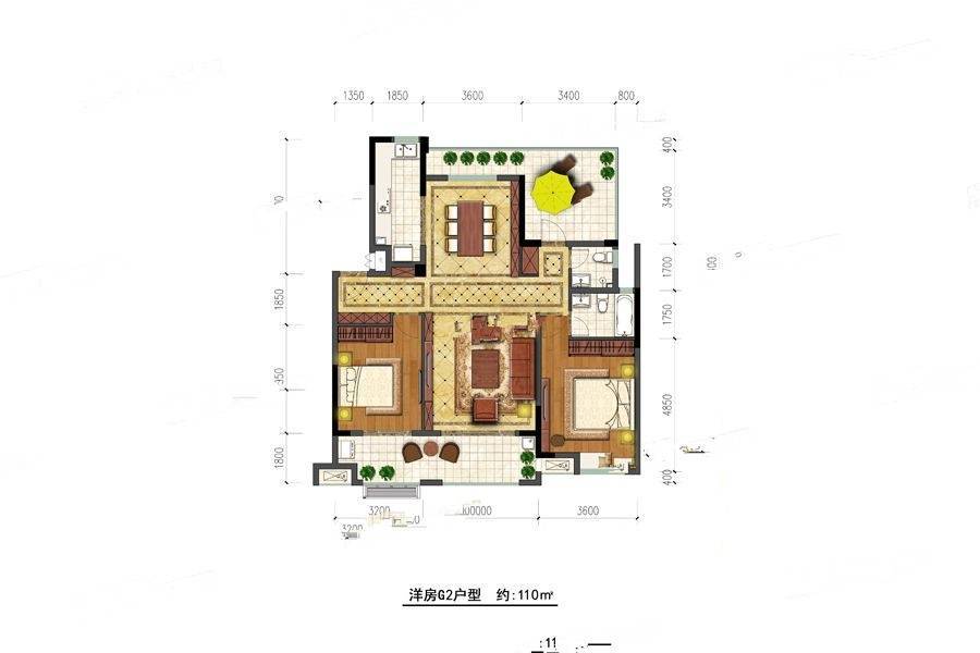 金大地紫金府2室2厅2卫110㎡户型图