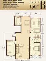 滨河金典商住花苑3室2厅2卫150㎡户型图