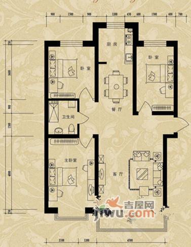 景观家园3室2厅1卫111㎡户型图