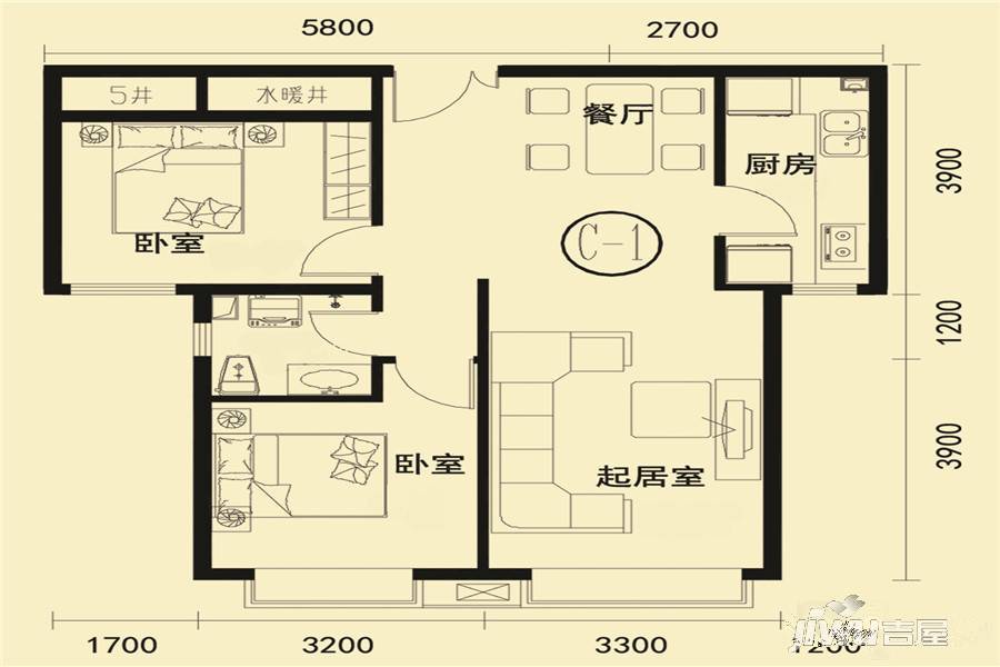 富悦城2室1厅1卫84㎡户型图