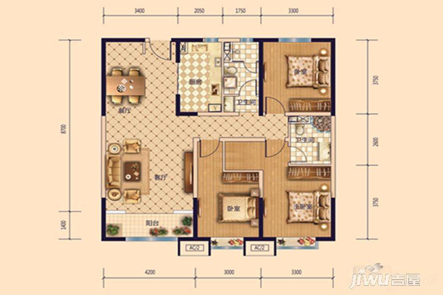 富力华庭3室2厅2卫140.9㎡户型图