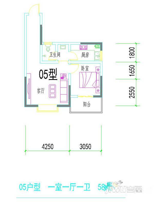 瑞金福邸1室1厅1卫58.9㎡户型图