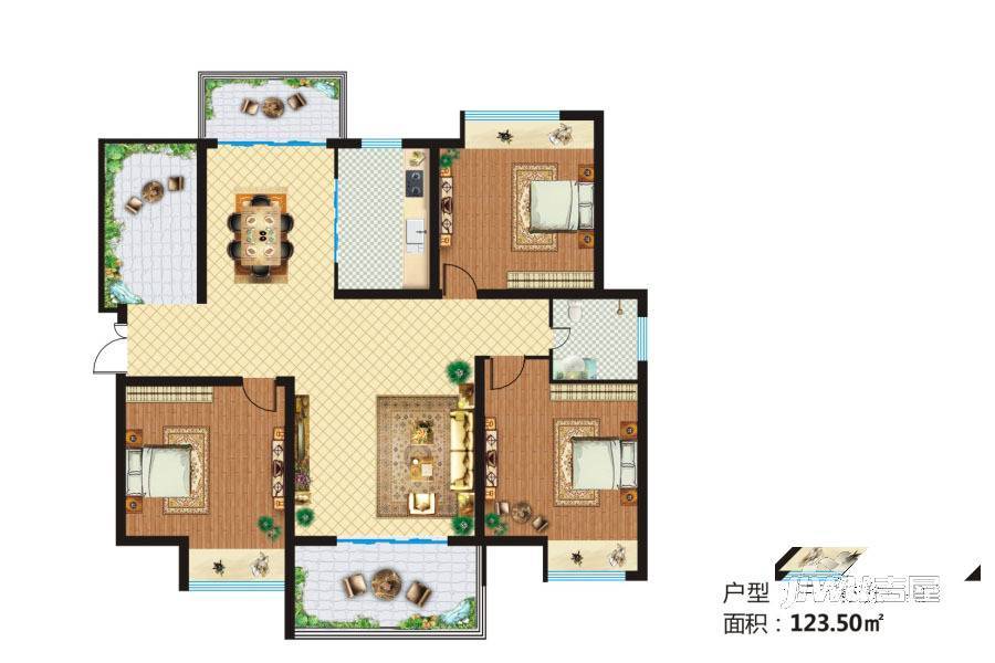 田源新城3室2厅1卫123.5㎡户型图