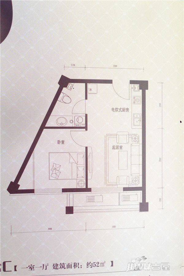 枫叶山庄1室1厅1卫52㎡户型图