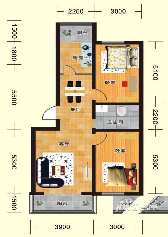 翔达馨港湾2室2厅1卫109.2㎡户型图