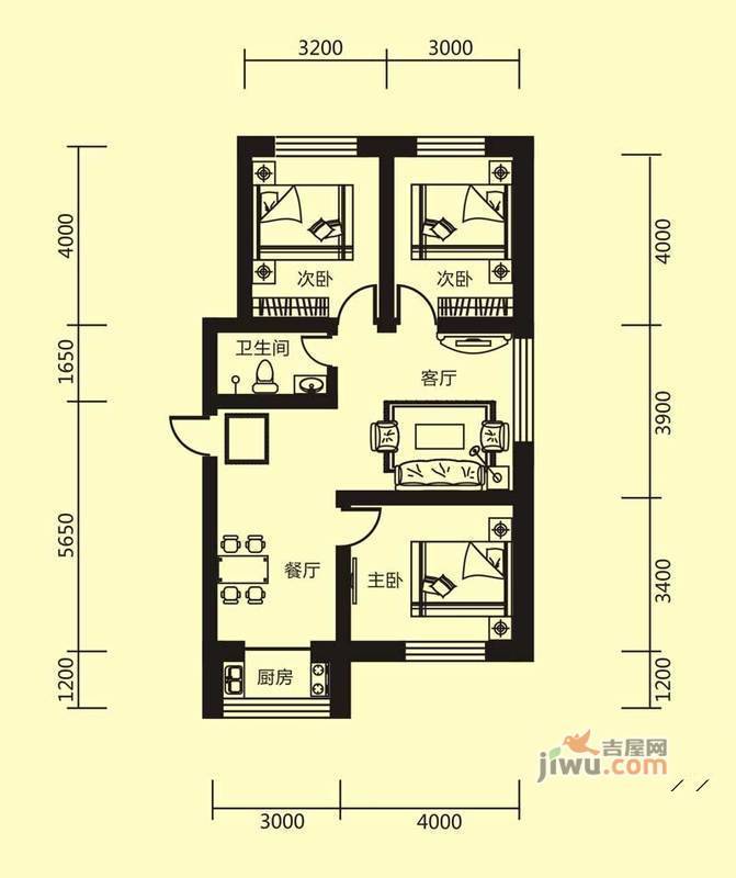 江岸龙苑3室2厅1卫94㎡户型图