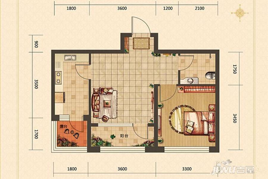 筑石红1室1厅1卫58㎡户型图