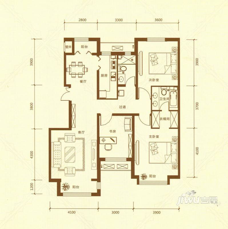 龙城帝景3室2厅1卫133㎡户型图