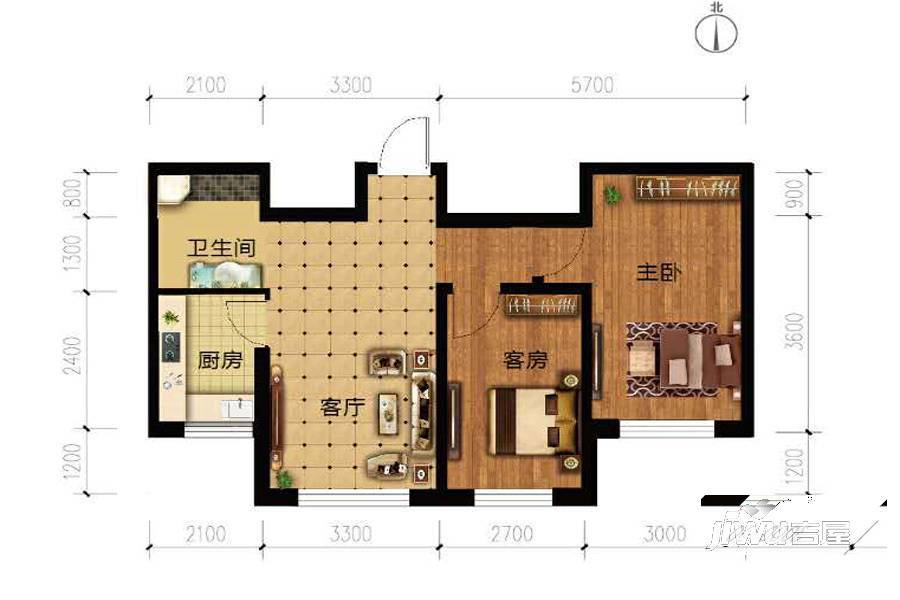 西山香麓2室1厅1卫70㎡户型图