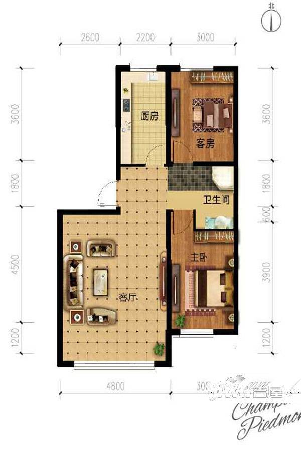 西山香麓2室1厅1卫90㎡户型图