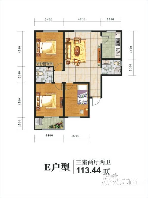 沁园茗居3室2厅2卫133.4㎡户型图